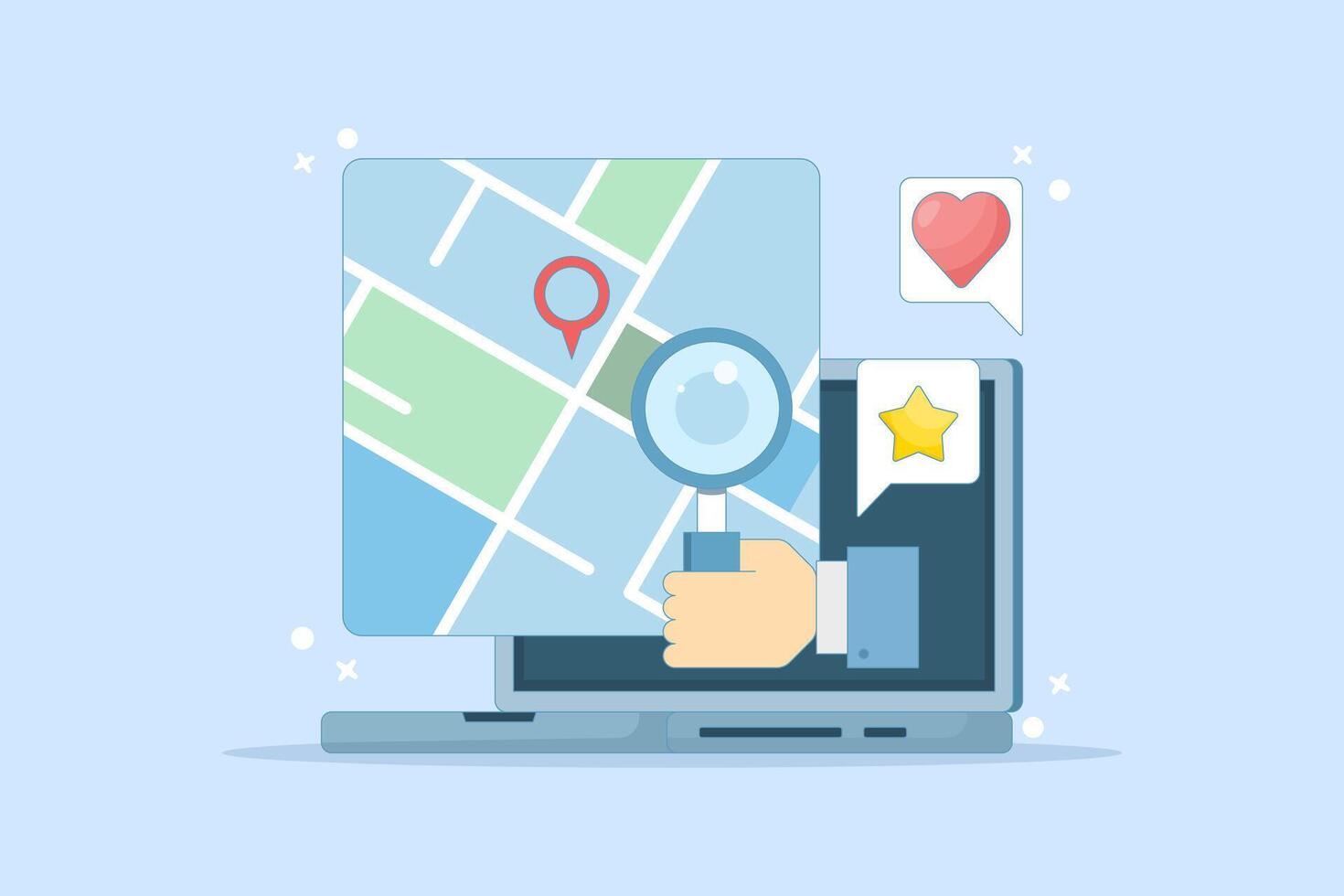 Map application concept, View map on laptop, Map software for exact location, Search engine map, Search location on map. GPS navigation, route movement and location search. Flat illustration. vector