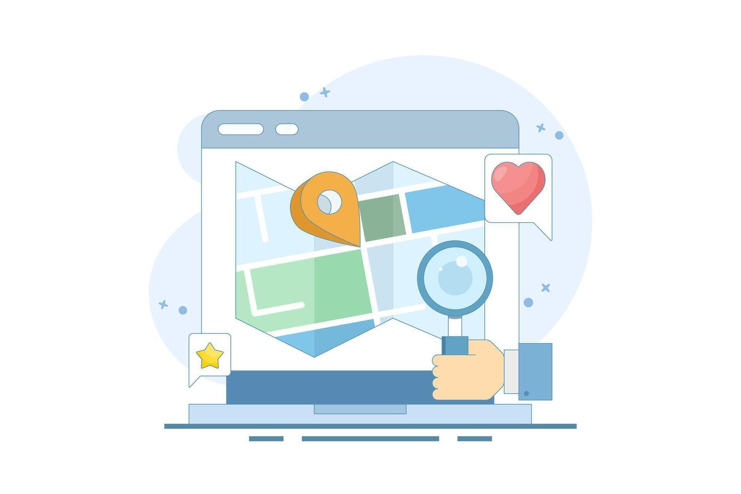Map app concept, View map on laptop, Map software for exact location, Search engine map, Search location on map. GPS navigation, route movement and location search. Flat design illustration. vector