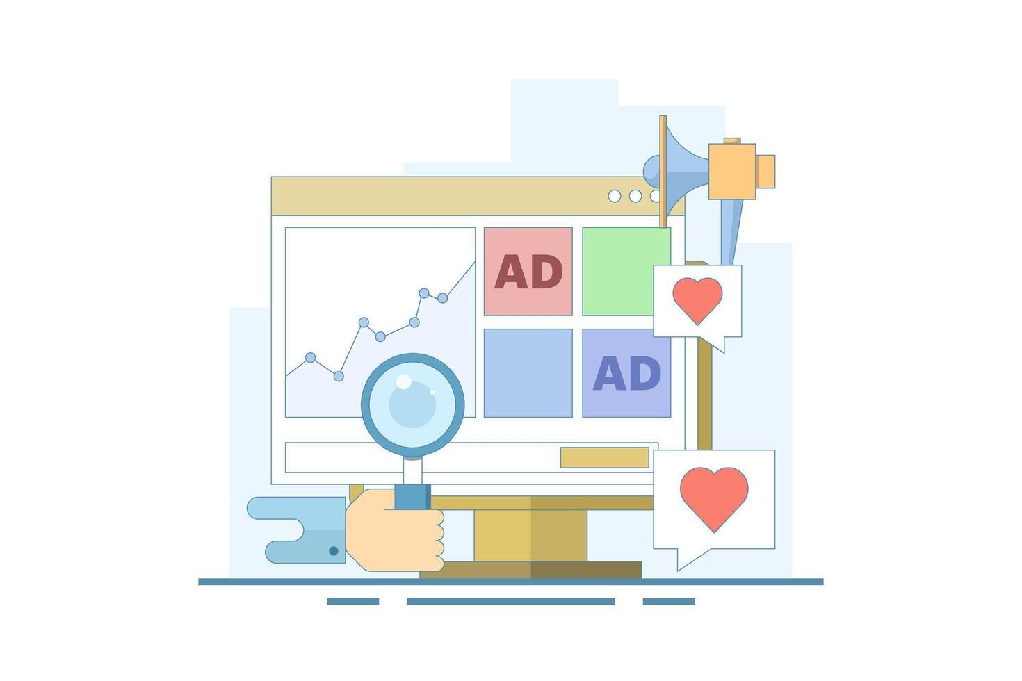 Website advertising campaign analysis concept, Website advertising network, Banner advertising on display networks, Social media promotion, Digital display advertising campaign, illustration. vector
