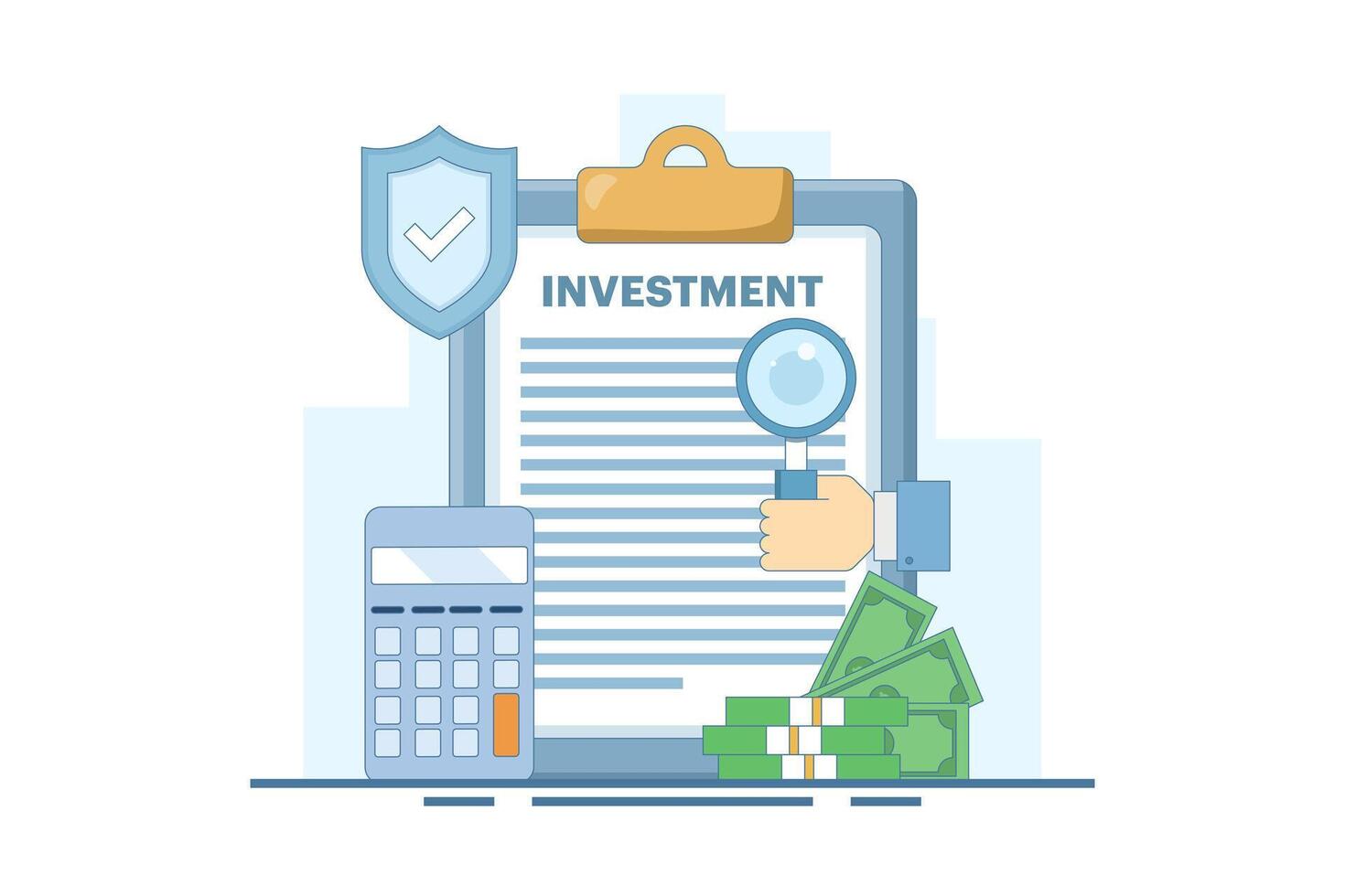 Safe Investment Concept. Clipboard with Calculator and Shield. Financial Stability. Investment Planning and Calculation. Protection of Financial Savings in Economic Crisis. Cartoon illustration. vector