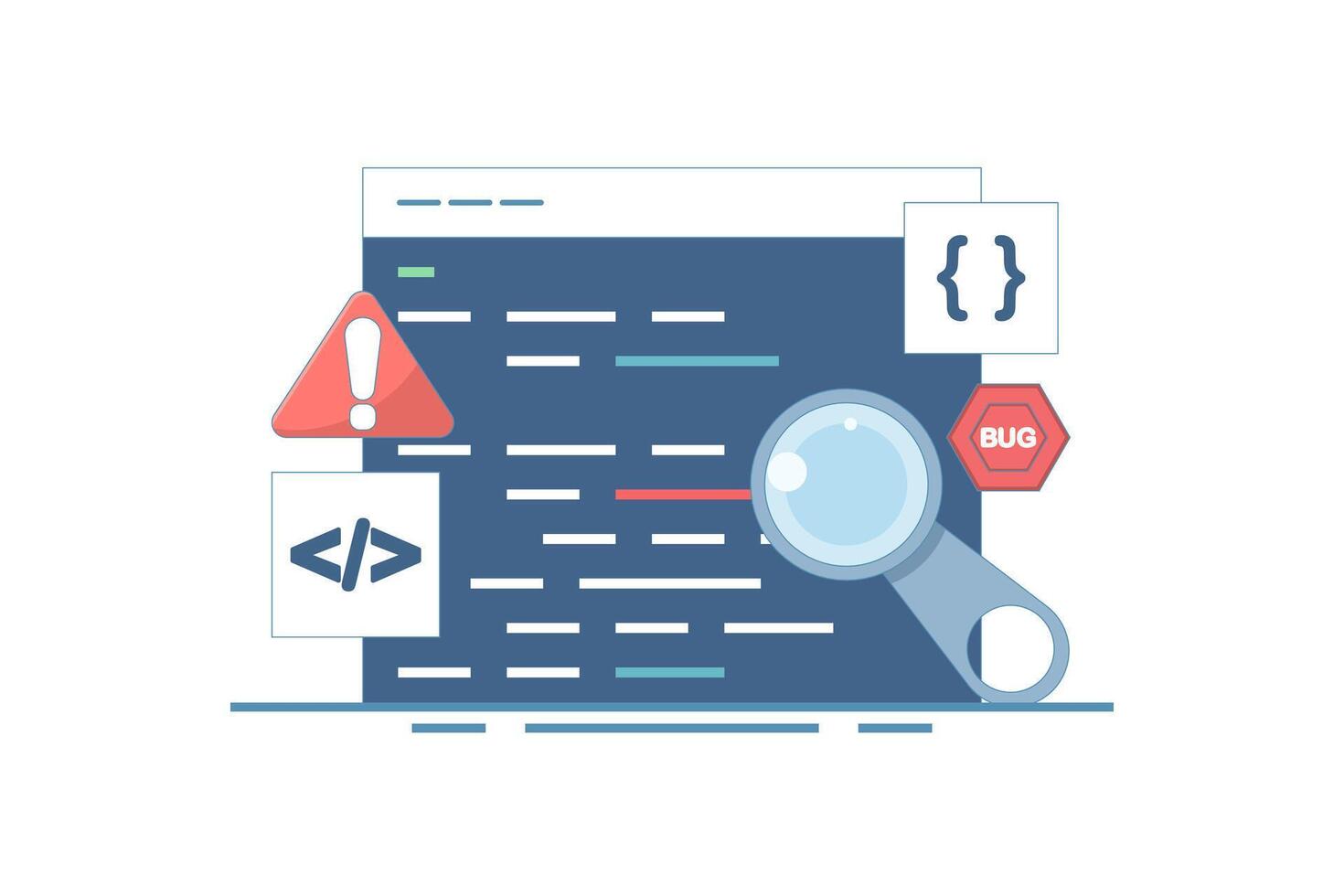 Bug report concept. Magnifying glass for bugs dancing in computer software program. Bug report magnifying bugs Computer Virus Protection Bug Tracker Tool on Website. Flat cartoon illustration. vector