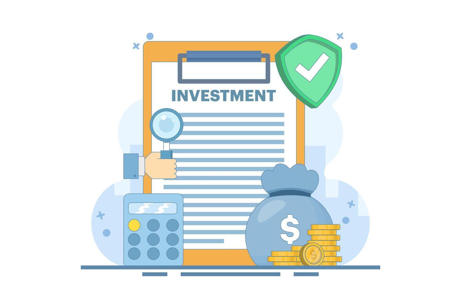 Safe Investment Concept. Clipboard with Calculator and Shield. Financial Stability. Investment Planning and Calculation. Protection of Financial Savings in Economic Crisis. Illustration on background. vector