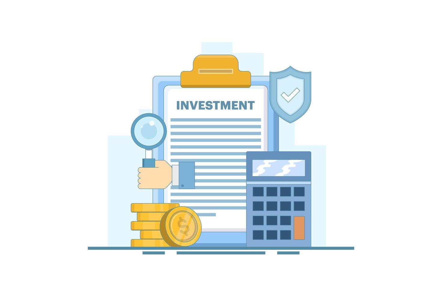 Safe Investment Concept. Clipboard with Calculator and Shield. Financial Stability. Investment Planning and Calculation. Protection of Financial Savings in Economic Crisis. Flat design illustration. vector