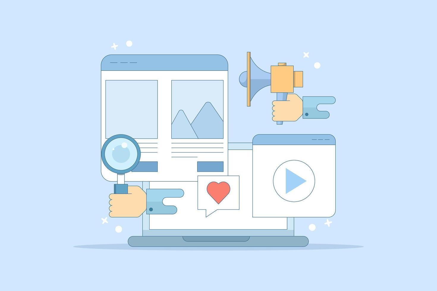 Website Marketing Concept, Digital marketing strategy, Promoting website in search engines and social media, SEO, Social media marketing, flat illustration on background. vector