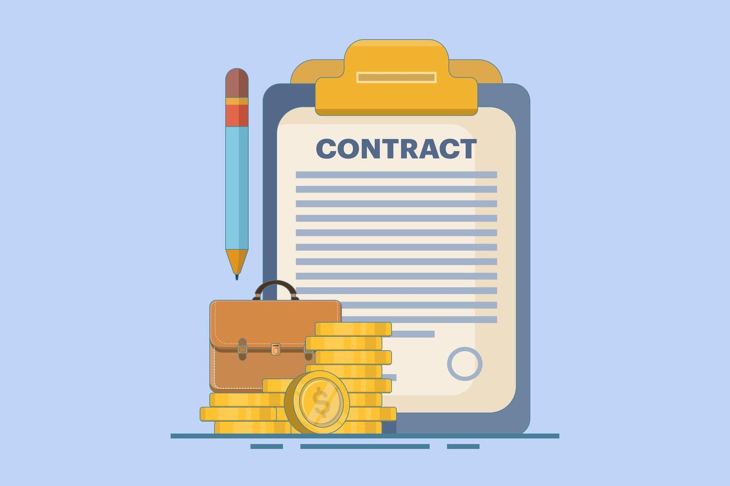 Contract Agreement Concept. Business agreement or contract on paper. Affiliate signs successful agreement with pen. Approved company financial contract. Design illustration on background. vector