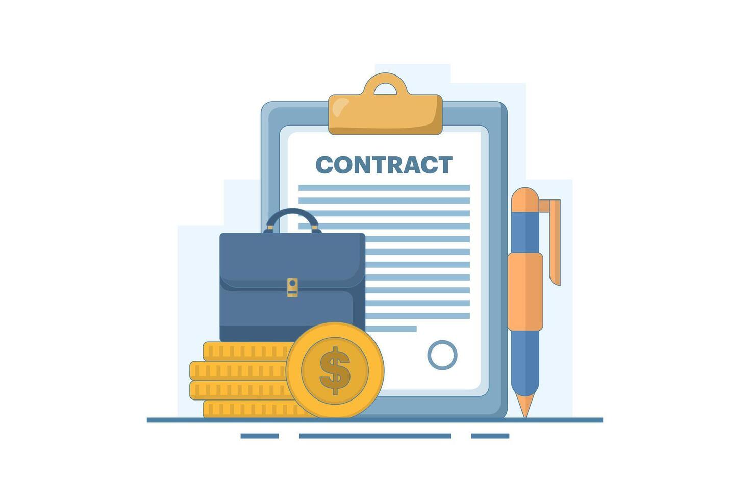 Contract Agreement Concept. Business agreement or contract on paper. Affiliate signs successful agreement with pen. Approved company financial contract. Flat cartoon illustration on background. vector