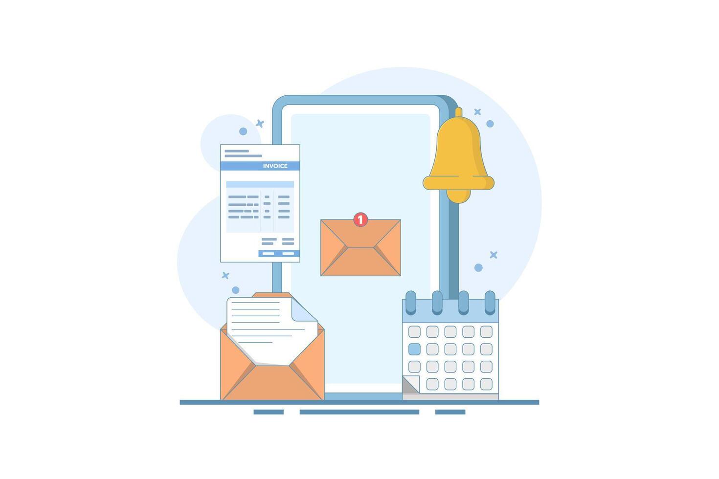 Payment reminder message notification concept. Payment reminder alarm message notification on smartphone screen with invoice email letter. Flat illustration on background. vector
