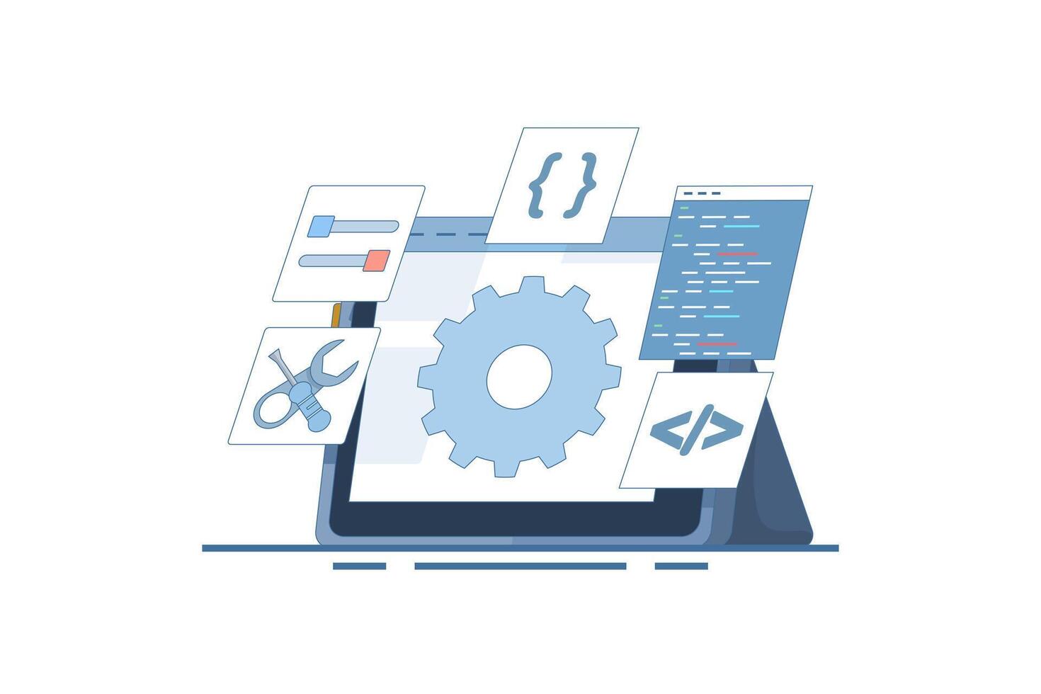 Software development concept. Coding and configuration of gears on a computer screen showing the settings of a screwdriver key code. Flat illustration Isolated background with flat line style. vector