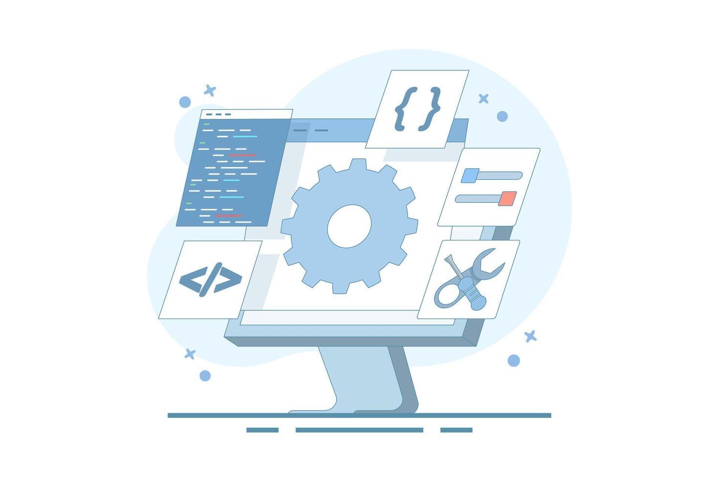 Software development concept. Coding and configuration of gears on a computer screen showing the settings of a screwdriver key code. Cartoon illustration Isolated background with flat style. vector