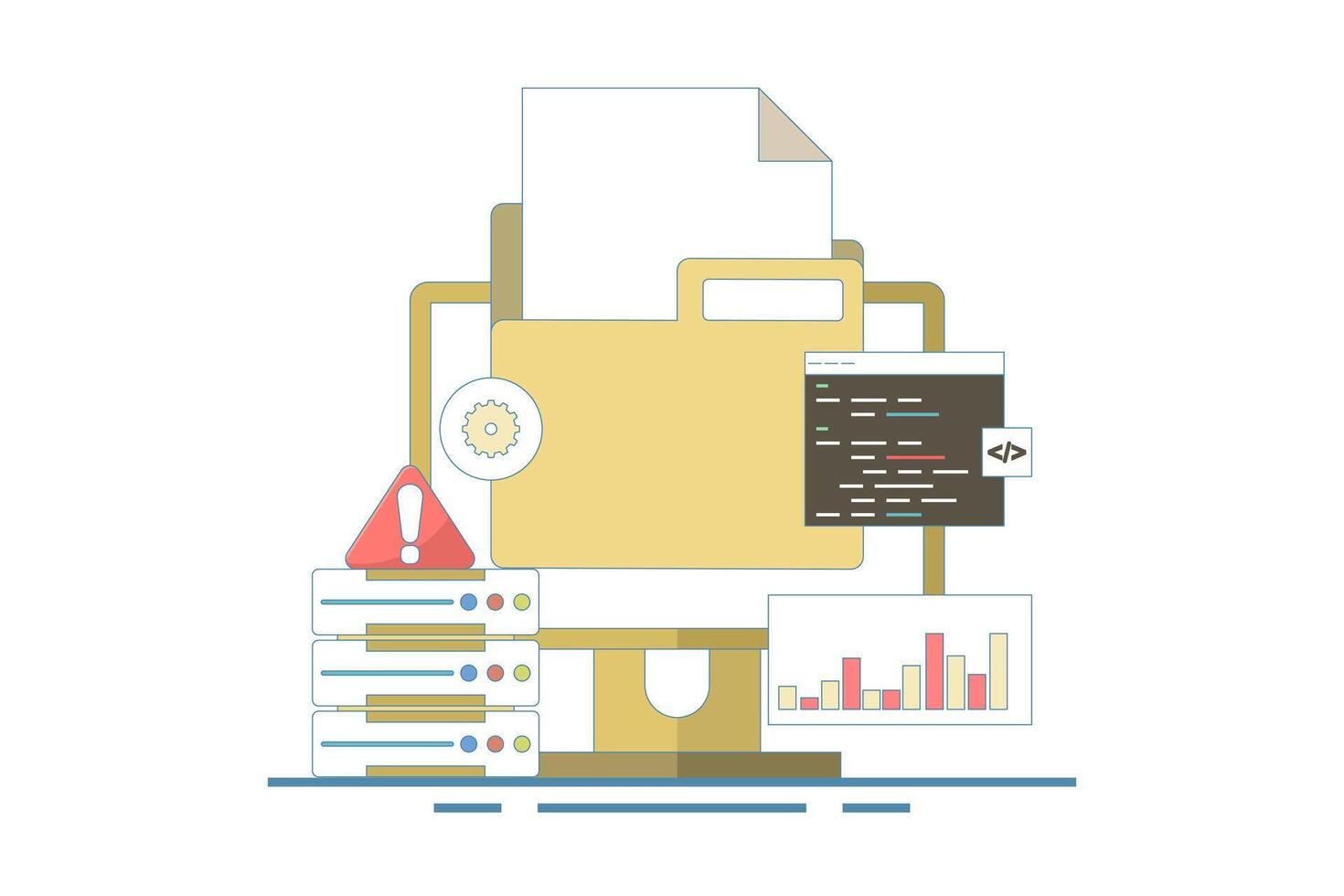 Server Error Fixing Concept, Website code, Bug fix, Server problem fix, Coding and programming, Website security, Server security, Software update. Simple flat design illustration. vector