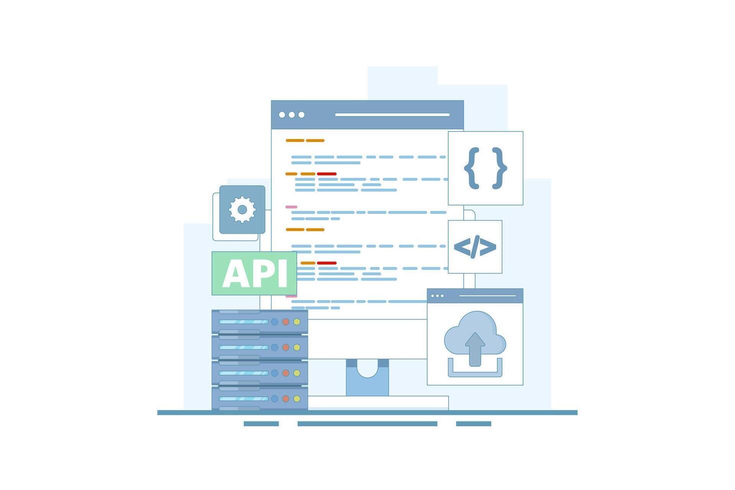 Application Programming Interface Concept, API provides an interface for communication between applications, software development tools, the Internet, and networks. flat cartoon design illustration. vector