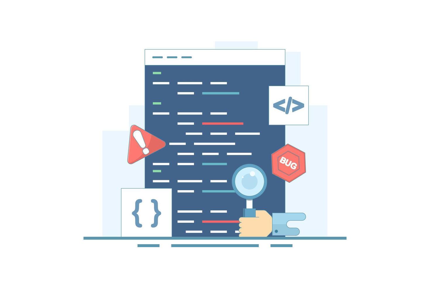 Bug report concept. Magnifying glass for bugs dancing in computer software programs. Bug report magnifying bugs Computer Virus Protection Bug Tracker Tool on Website. Illustration on background. vector