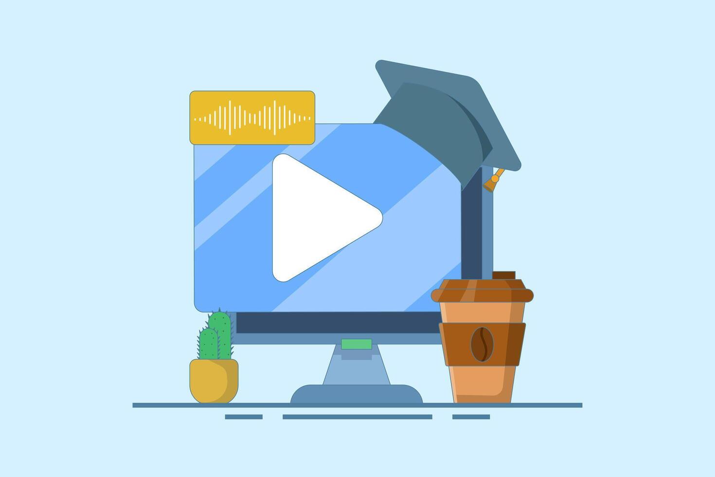 Online education concept, PC computer with cactus and coffee, digital marketing. Gaining knowledge to achieve success and better ideas. Simple flat design illustration on isolated background. vector