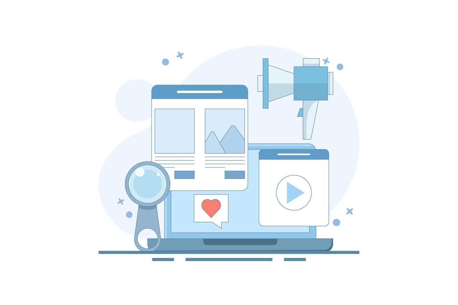 Website Marketing Concept, Digital marketing strategy, Promoting website in search engines and social media, SEO, Social media marketing, flat design illustration on background. vector