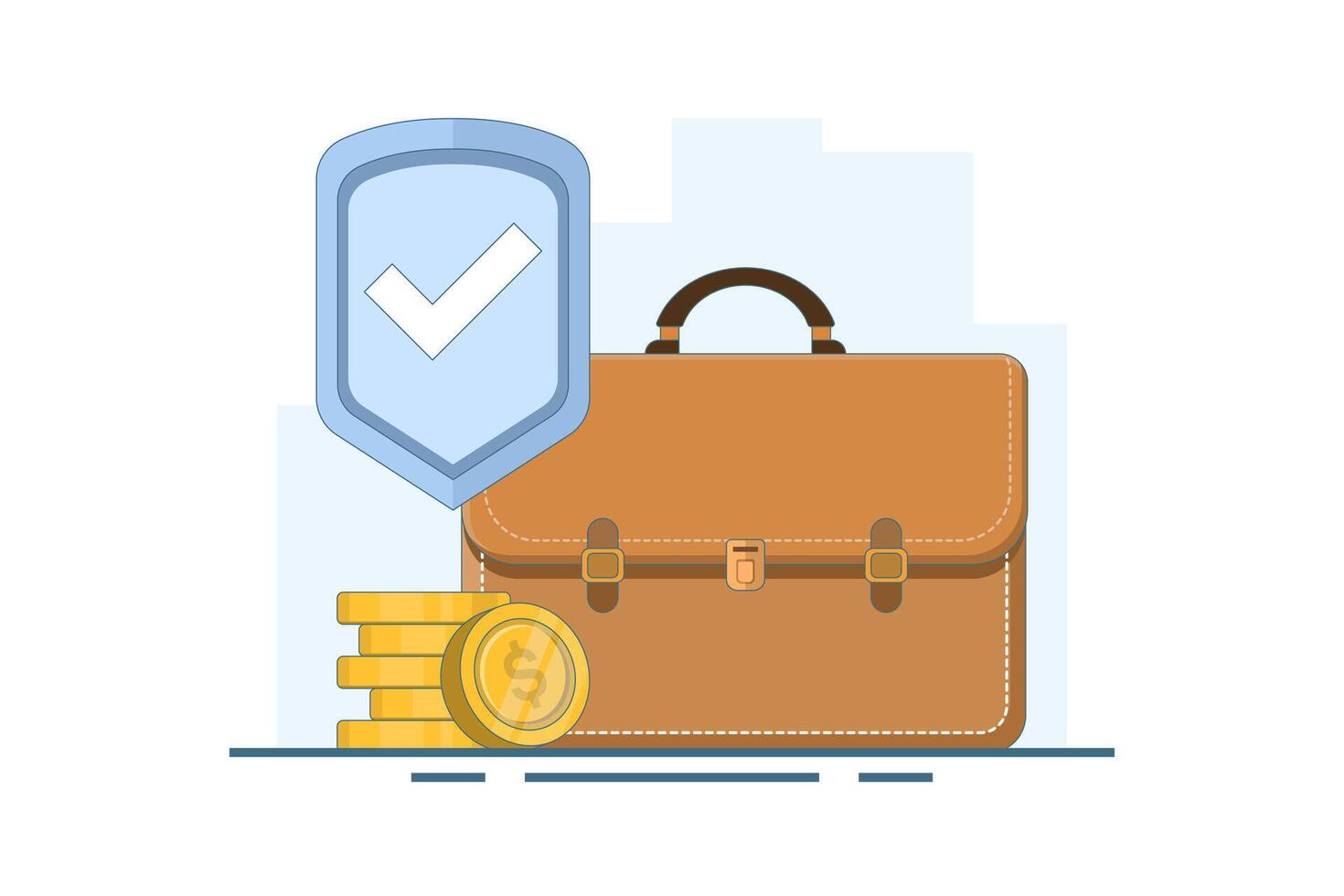 Safe Business Investment Concept. Briefcase with Shield and Coins. Income protection with shield. safe financial transactions. Flat Illustration Design on background. vector