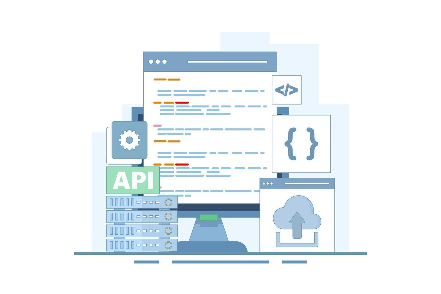 Application Programming Interface Concept, API provides an interface for communication between applications, software development tools, the Internet, and networks. icon design illustration. vector