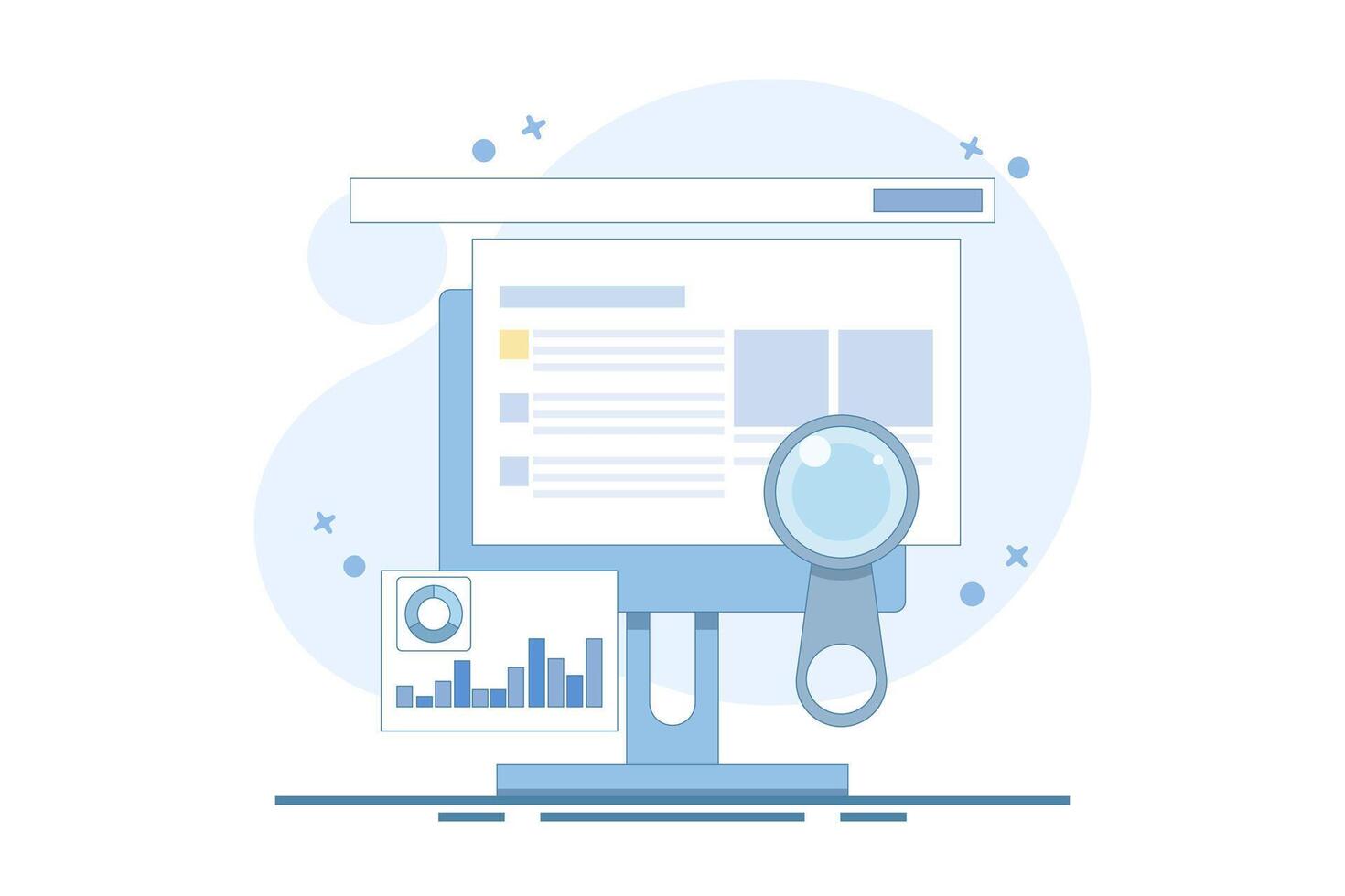 search engine data analysis concept, SEO tools, SEO software, digital marketing analysis report. Data analysis and optimization for SEO, marketing research. flat design illustration on background. vector