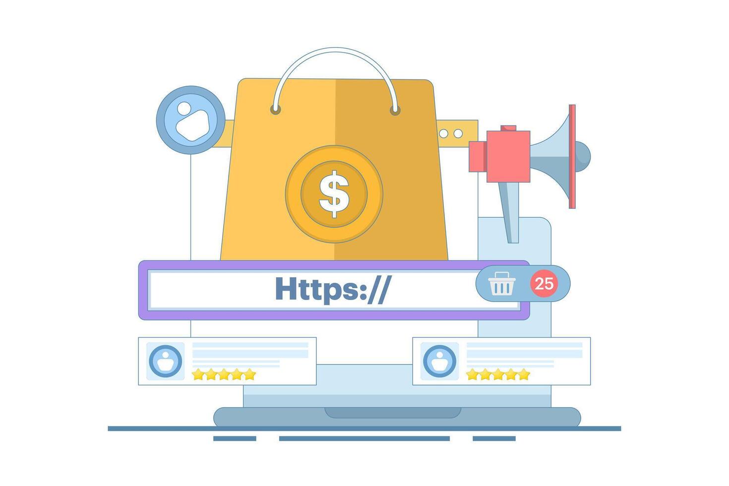 Affiliate program concept. Affiliate marketing. Promote and share affiliate links to earn commission. Earn commission from every product purchased through affiliate links. Flat illustration. vector