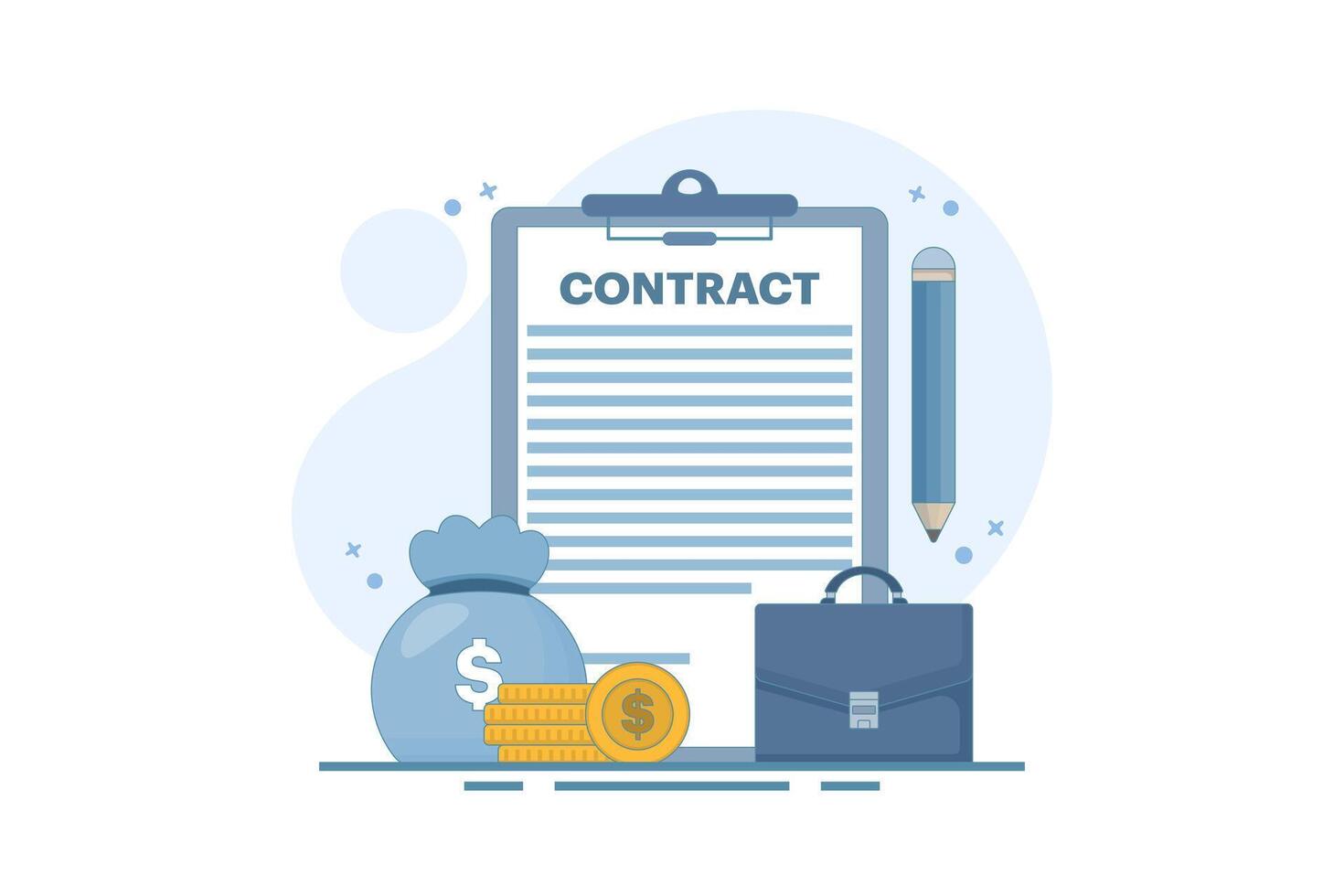 Contract Agreement Concept. Business agreement or contract on paper. Affiliate signs successful agreement with pen. Approved company financial contract. Flat design illustration on background. vector