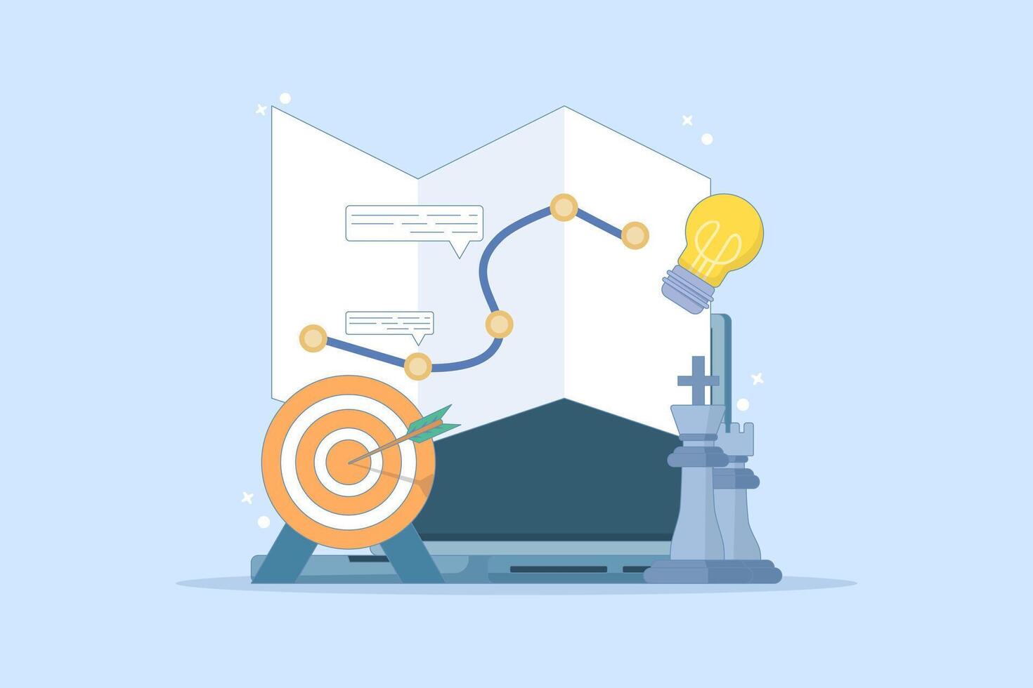 Dartboard target campaign strategic plan concept with chess. business strategic planning, achieving goals or objectives, business success, business planning to achieve success. design illustration. vector
