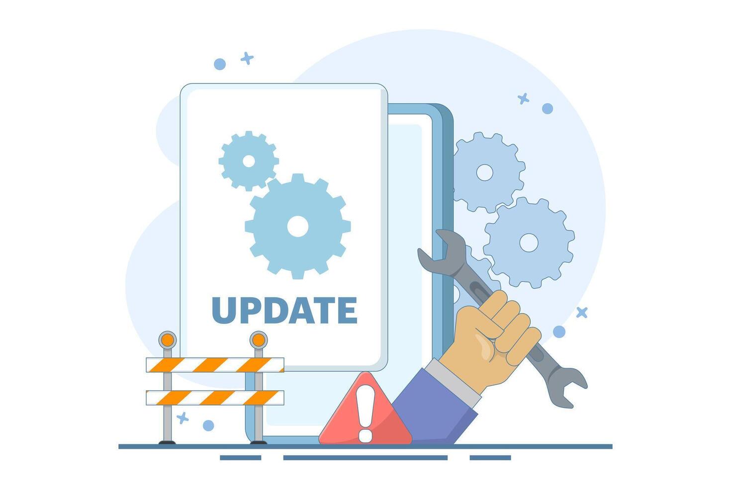 System Maintenance Concept, Smartphone Software Update Screen, Update Process, Software Installation, Operating System, Operating System Support. Flat Cartoon Design Illustration. vector
