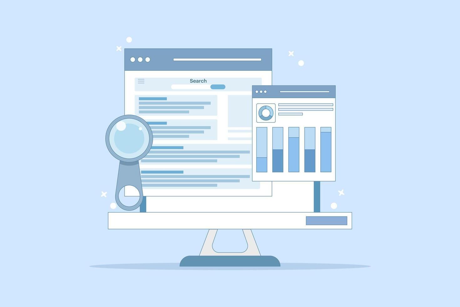 search engine data analysis concept, SEO tools, SEO software, digital marketing analysis report. Data analysis and optimization for SEO, marketing research. flat cartoon illustration on background. vector