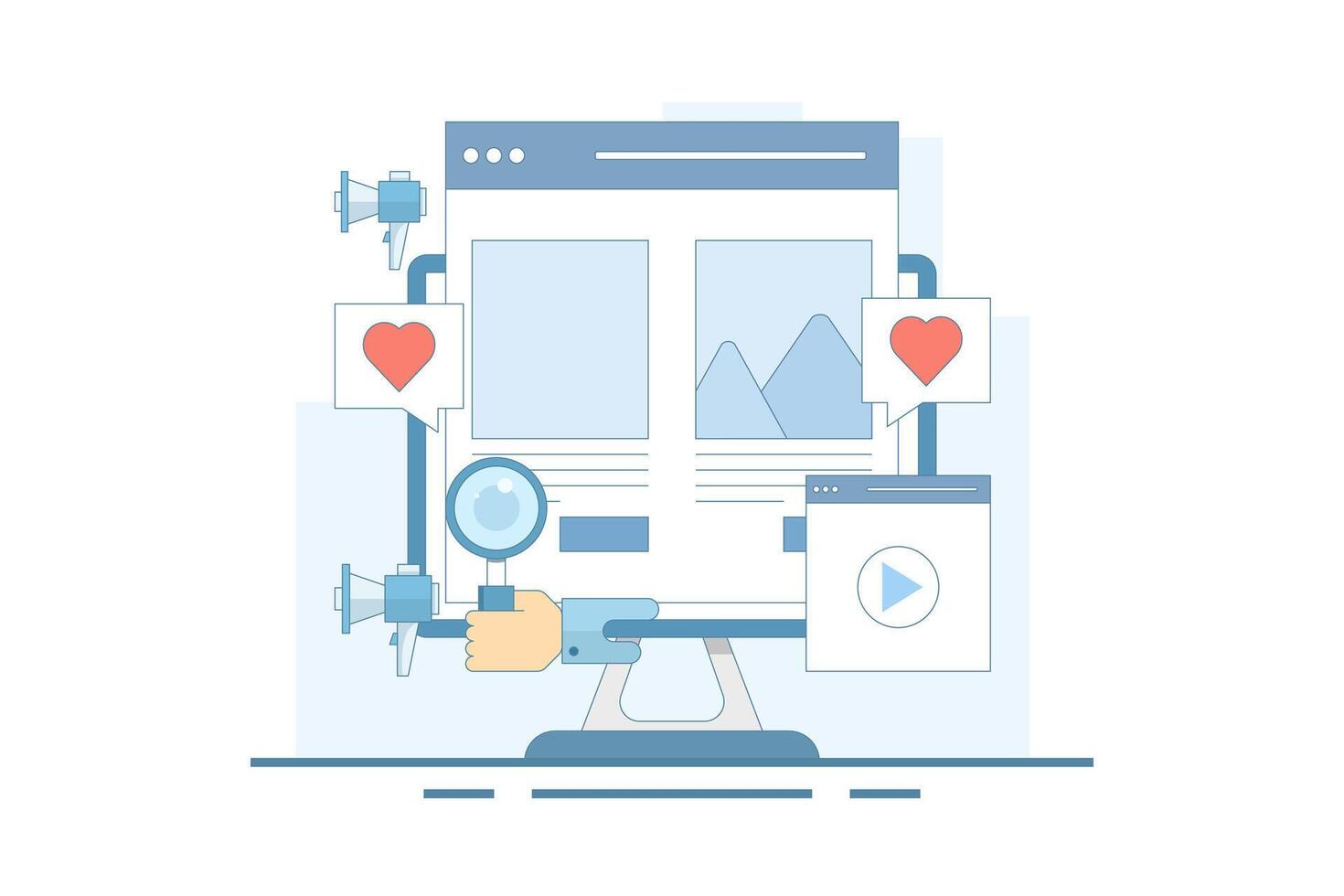 Website Marketing Concept, Digital marketing strategy, Promote website in search engines and social media, SEO, Social media marketing, design illustration on background. vector