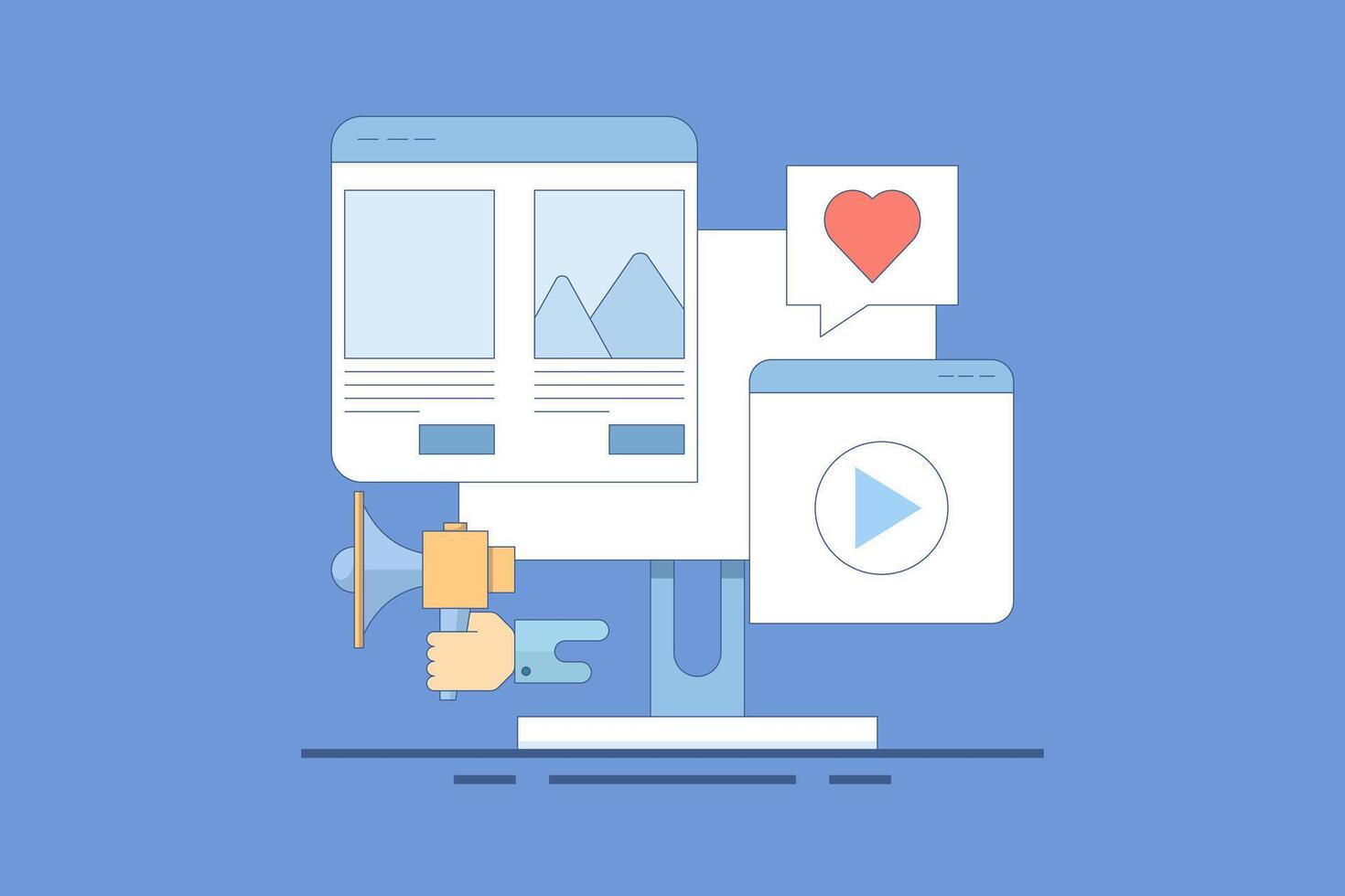 Website Marketing Concept, Digital marketing strategy, Promoting website in search engines and social media, SEO, Social media marketing, flat cartoon design illustration on background. vector