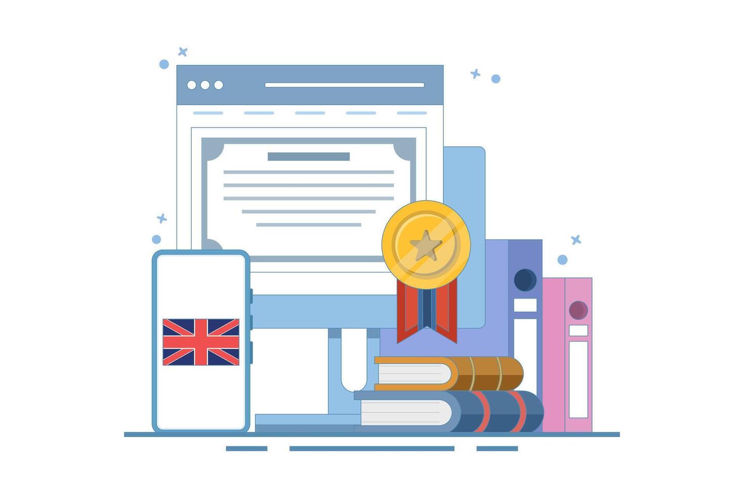 Online English language education course concept, PC computer with certificate frame, books, smartphone, translation, Language translation, digital marketing. Illustration on isolated background. vector