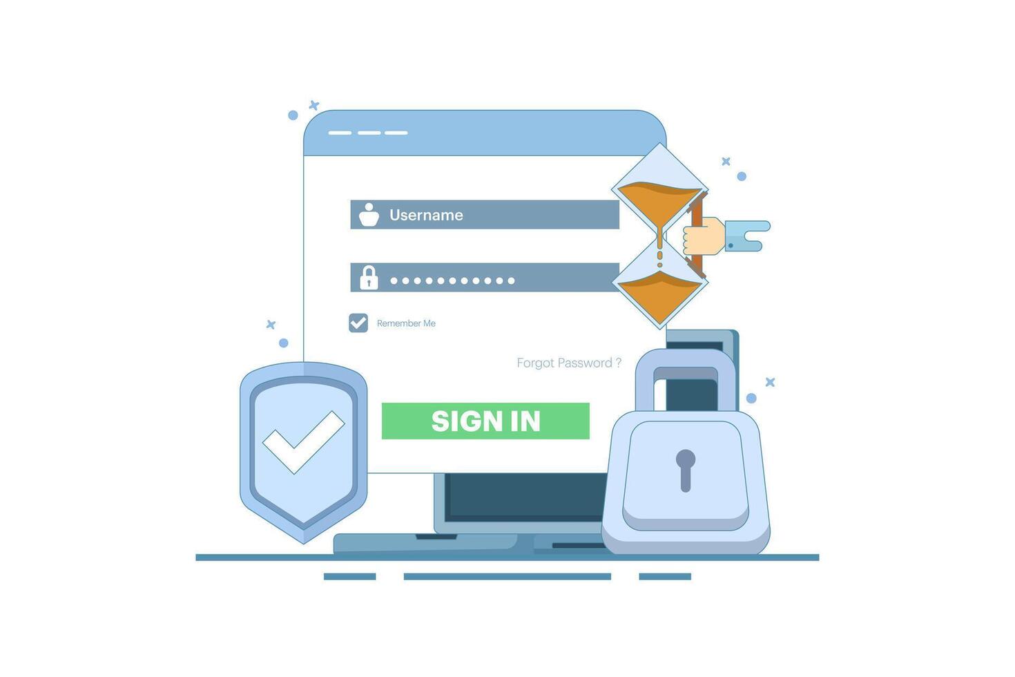 Secure session login username concept, password padlock, computer protection. data protection, log in to account, user authorization. login authentication page. cartoon design illustration. vector