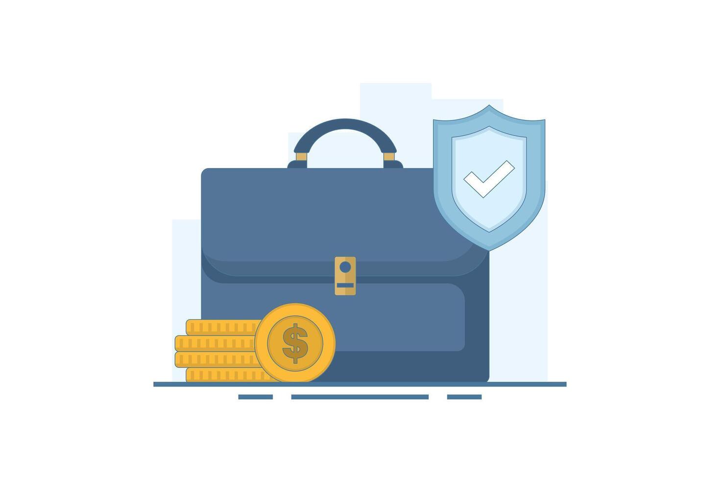 Safe Business Investment Concept. Briefcase with Shield and Coins. Income protection with shield. safe financial transactions. Flat cartoon design Illustration design on background. vector