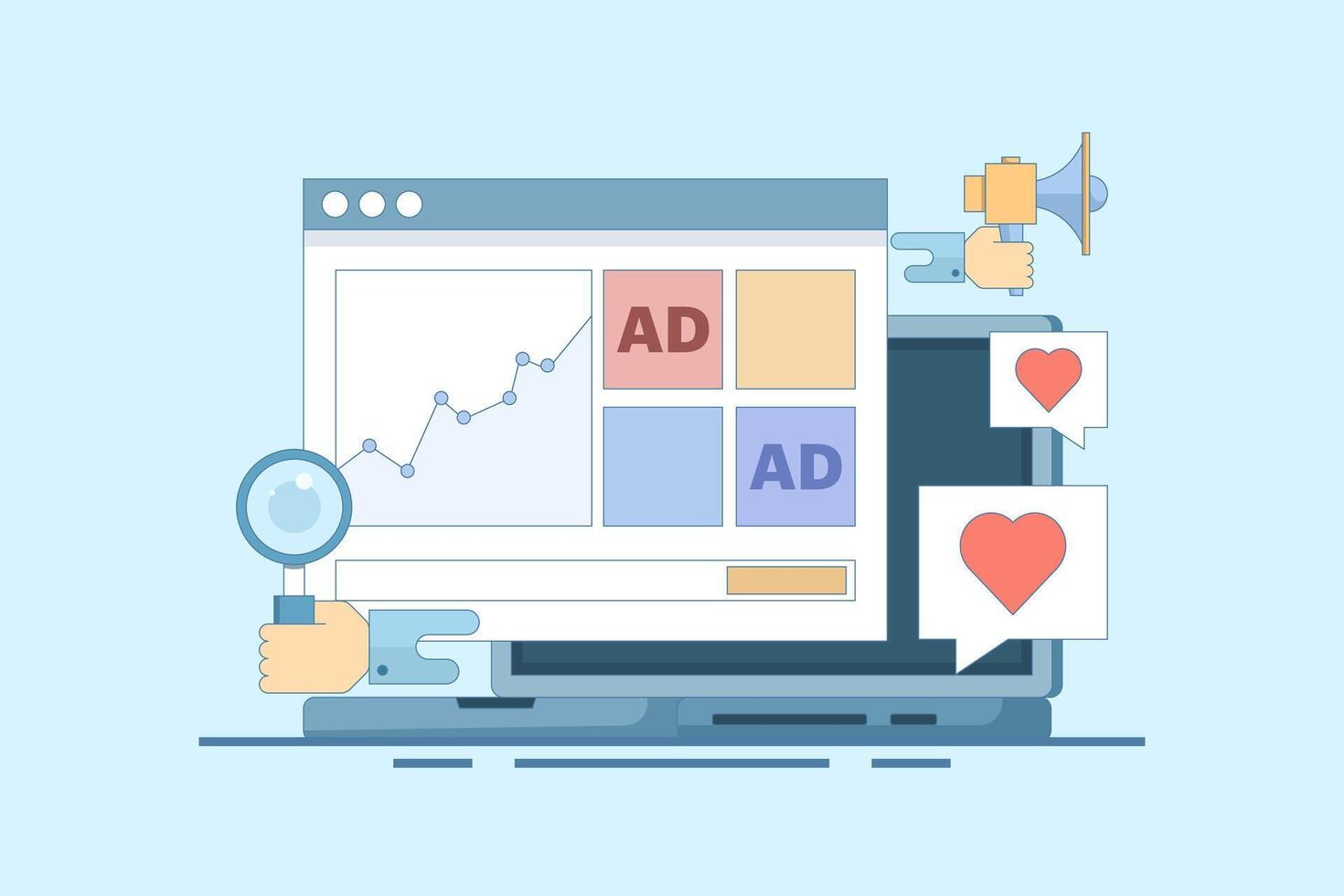 Website advertising campaign analysis concept, Website advertising network, Banner advertising on display networks, Social media promotion, Digital display advertising campaign, cartoon illustration. vector