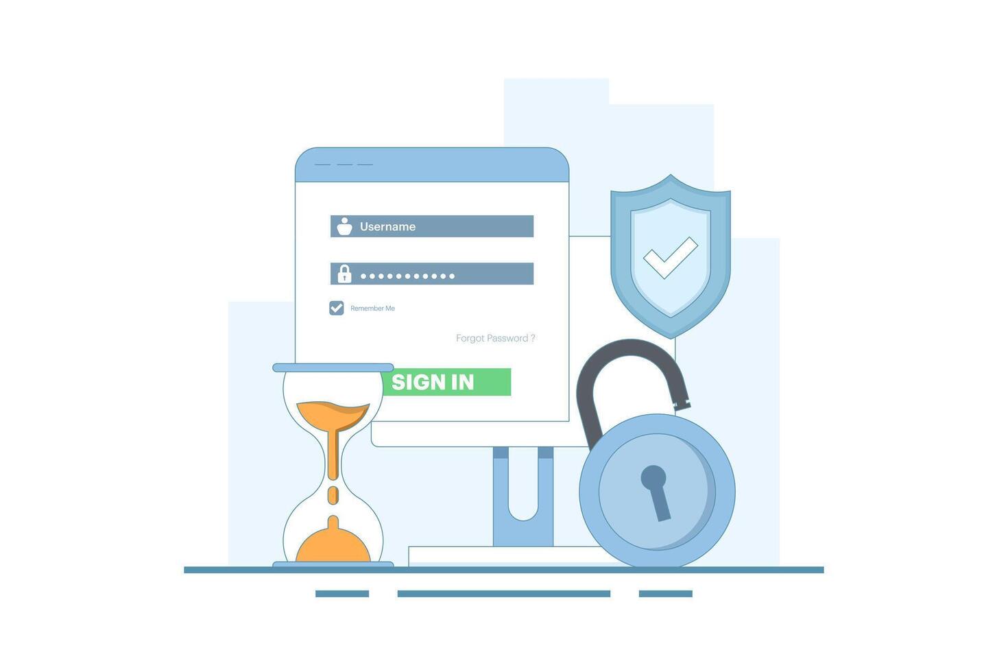 Secure session login username concept, password padlock, computer protection. data protection, log in to account, user authorization. login authentication page. design illustration. vector