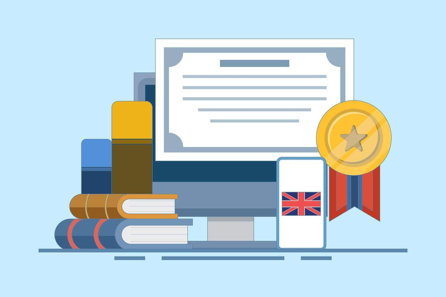 Online English education course concept, PC computer with certificate frame, books, smartphone, translation, Language translation, digital marketing. Flat design illustration. vector