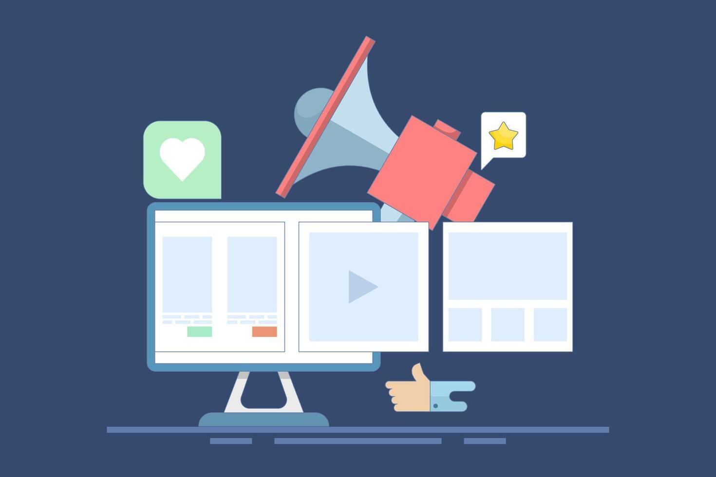brand awareness campaign concept, Social Media Advertising, Social media advertising for audience engagement, marketing campaign, public relations in social media promotion. flat illustration. vector