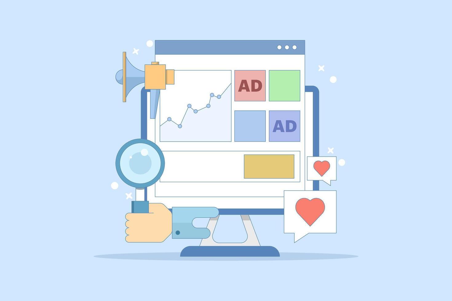 Website advertising campaign analysis concept, Website advertising network, Banner advertising on display networks, Social media promotion, Digital display advertising campaign, flat design. vector
