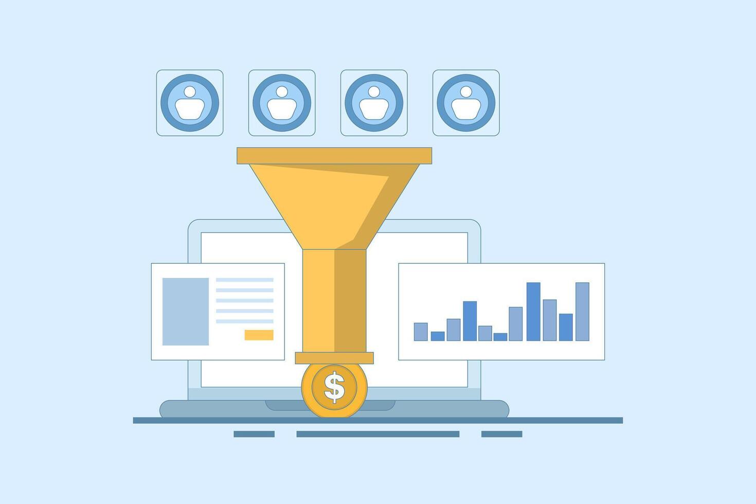 Sales Conversion Concept, Lead capture, Sales funnel on website, Conversion optimization, digital sales, Marketing funnel using landing pages for advertising. Online sales growth. vector