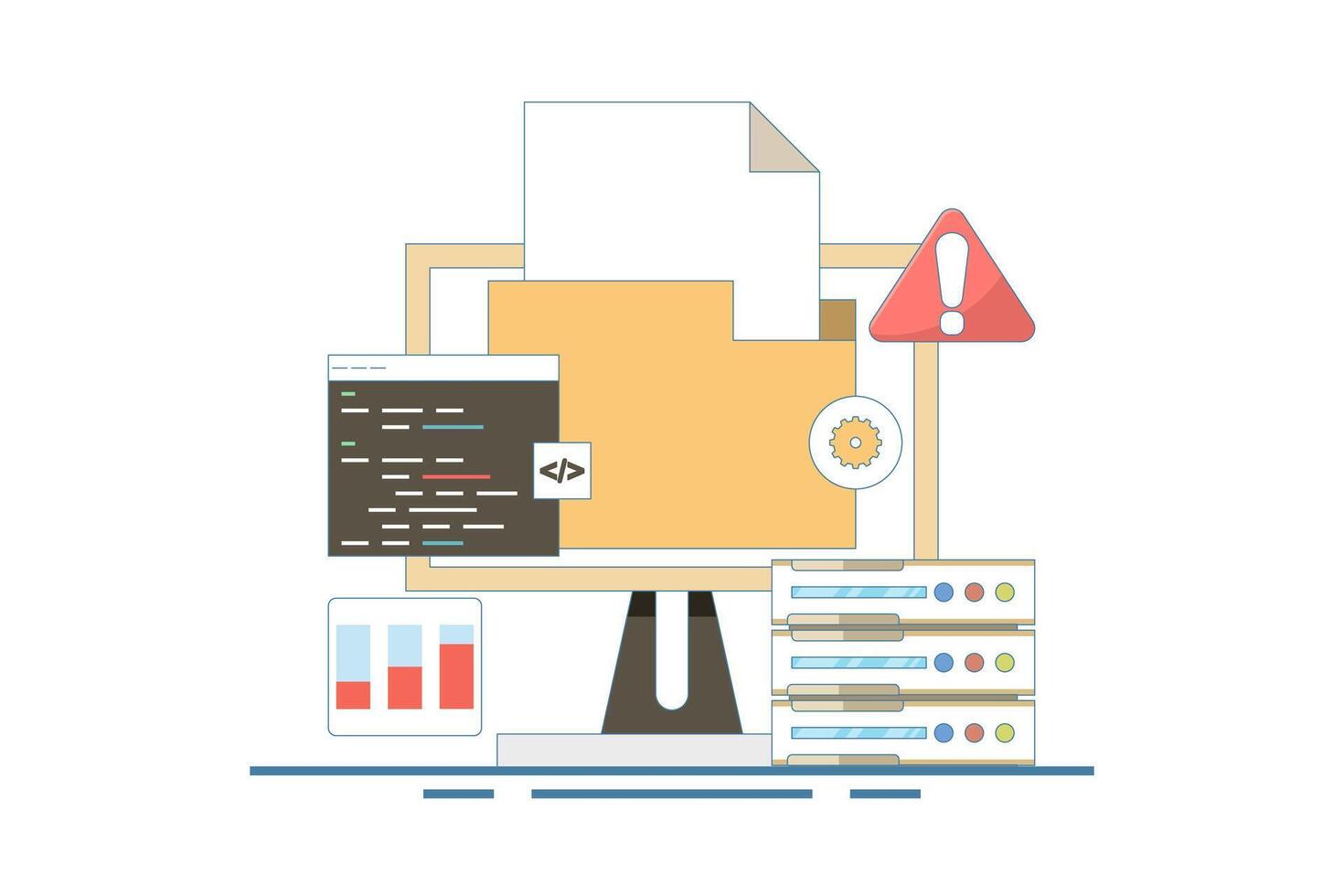 Server Error Fixing Concept, Website code, Bug fix, Server problem fix, Coding and programming, Website security, Server security, Software update. Flat cartoon design illustration on background. vector