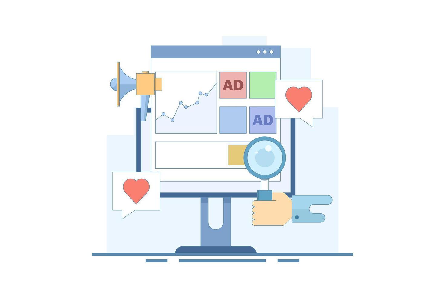 Website advertising campaign analysis concept, Website advertising network, Banner advertising on display networks, Social media promotion, Digital display advertising campaign, design illustration. vector