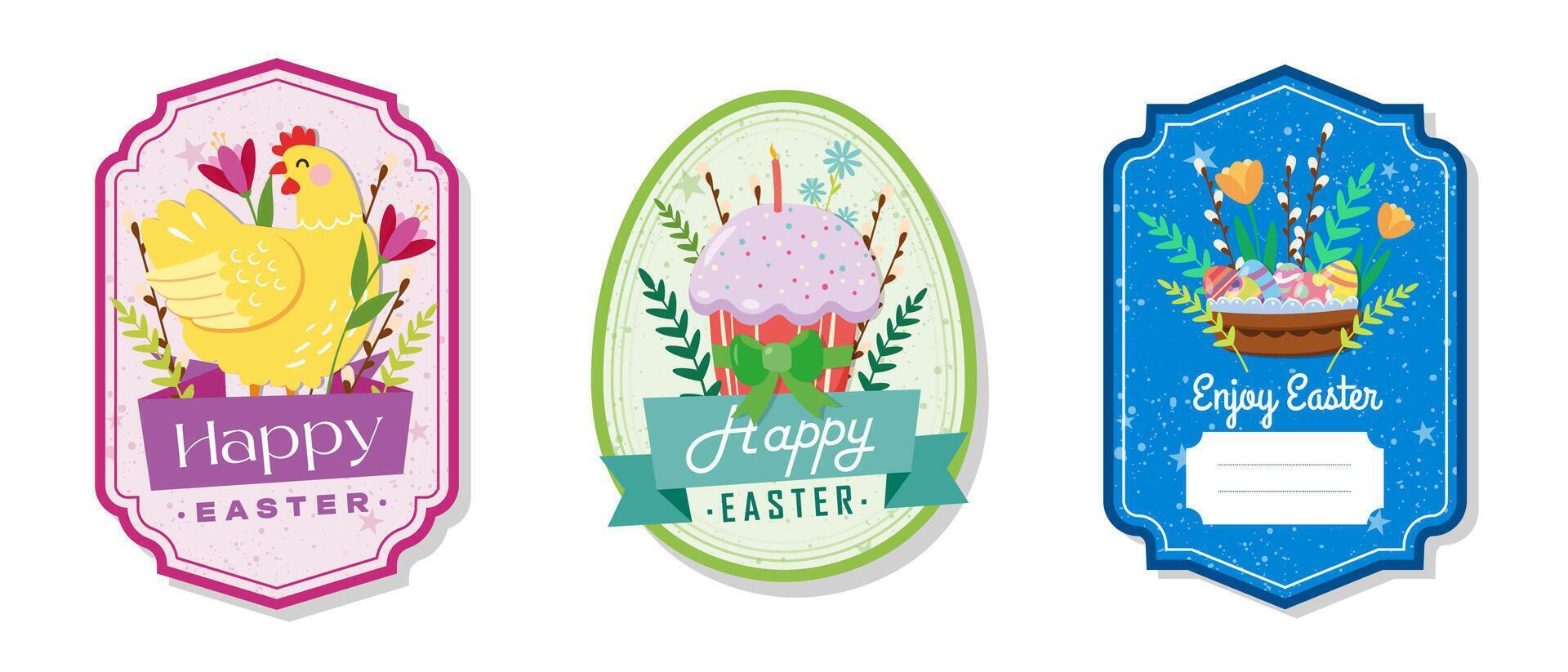 Easter greeting gift labels and tag collection with cute chick, cake, basket, eggs and flowers. Spring holiday template for seasonal wrapping, packaging, stickers vector
