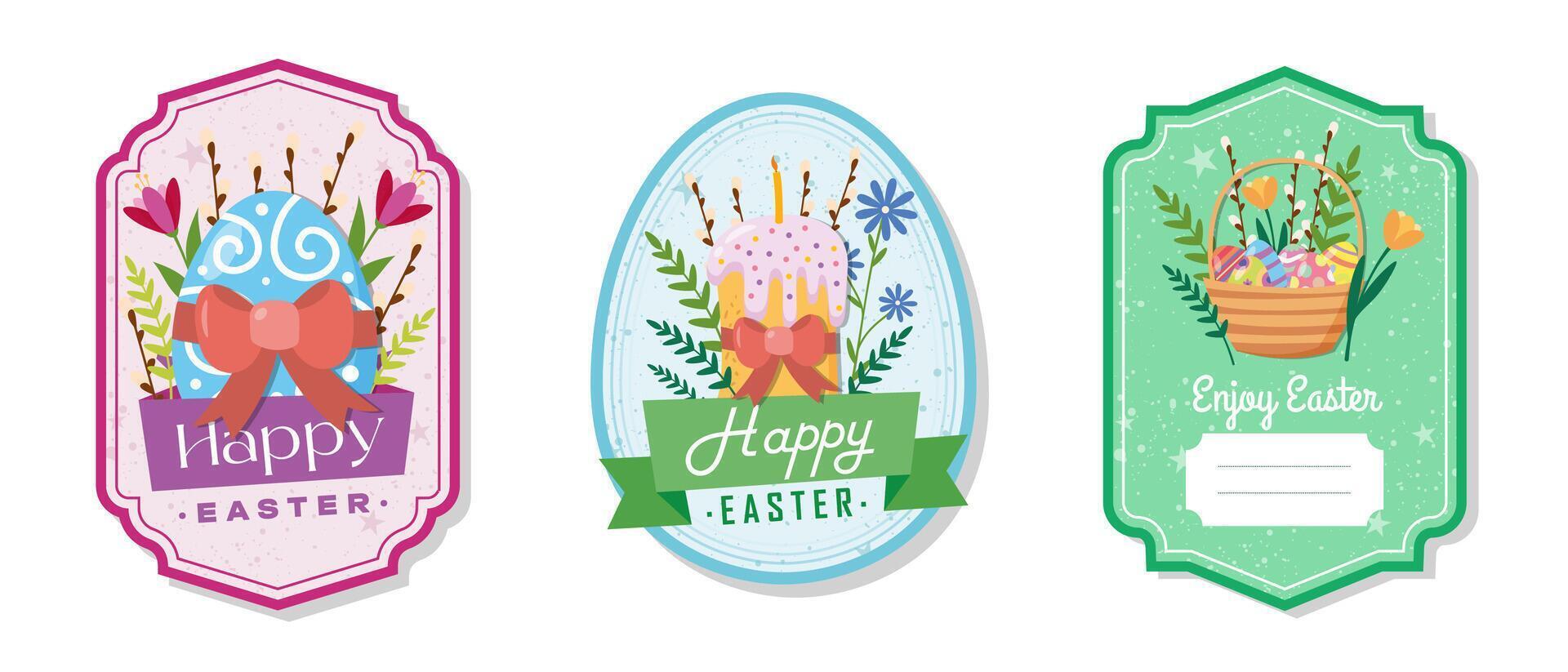 Easter greeting gift labels and tags collection with cake, basket, eggs and flowers. Spring holiday template for seasonal wrapping, packaging, stickers vector