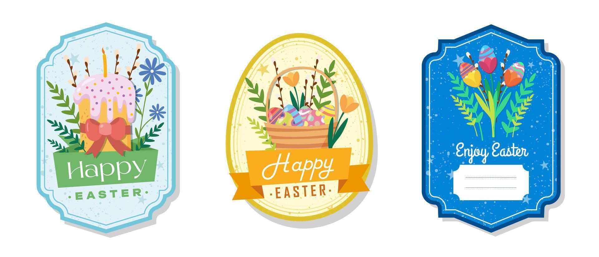 Easter greeting gift label and tag collection with cake, basket, egg and flowers. Spring holiday template for seasonal wrapping, packaging, stickers vector