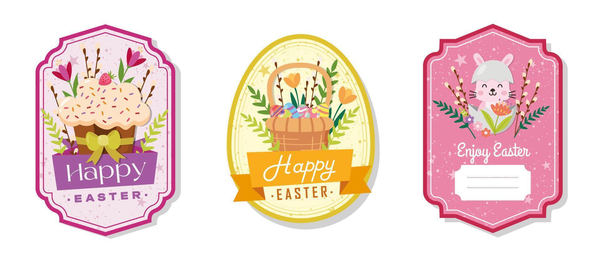 Easter greeting gift labels and tags collection with cute bunny, basket, cake, eggs and flowers. Spring holiday template for seasonal wrapping, packaging, stickers vector