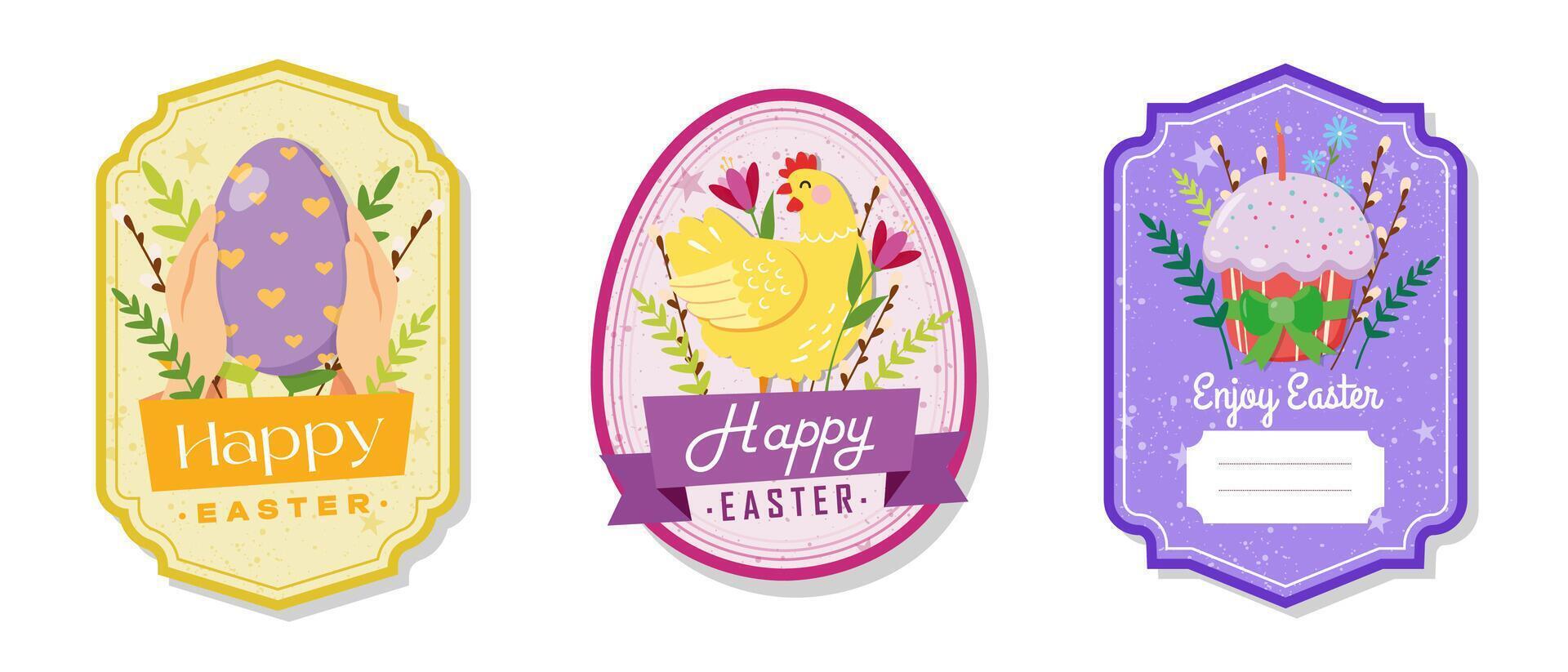 Easter greeting gift labels and tags collection with cute chick, cake, eggs and flowers. Spring holiday template for seasonal wrapping, packaging, stickers vector