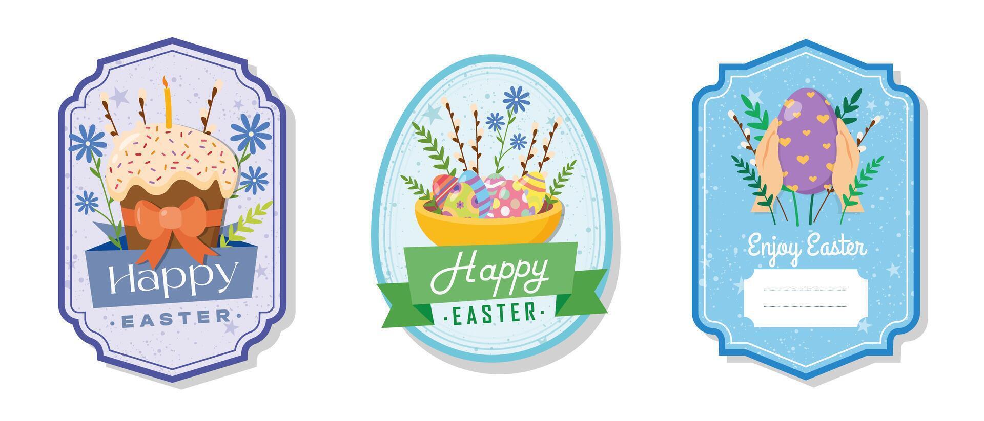 Easter greeting gift label and tag collection with cake, basket, eggs and flowers. Spring holiday template for seasonal wrapping, packaging, stickers vector
