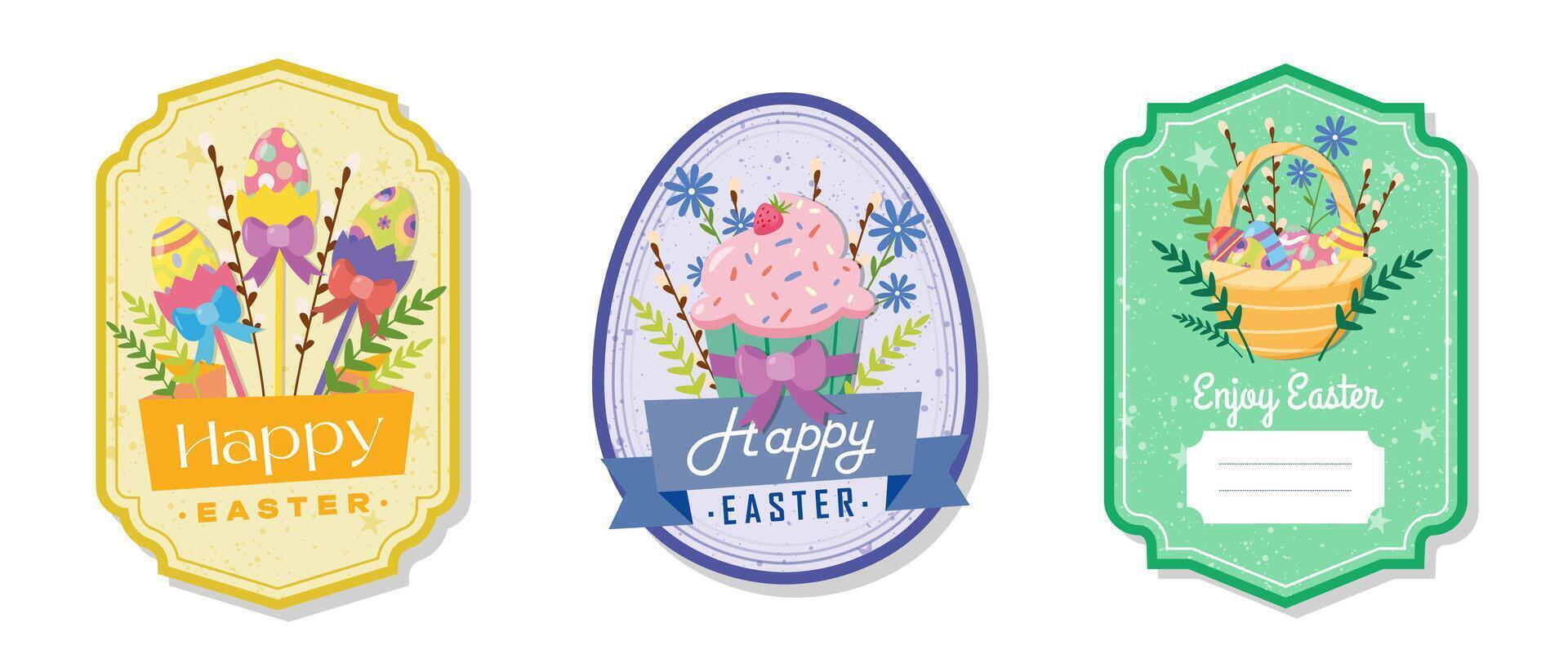 Easter greeting gift labels and tag collection with cake, basket, eggs and flowers. Spring holiday template for seasonal wrapping, packaging, stickers vector