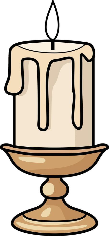 A lit candle with dripping wax, creating a cozy atmosphere. vector