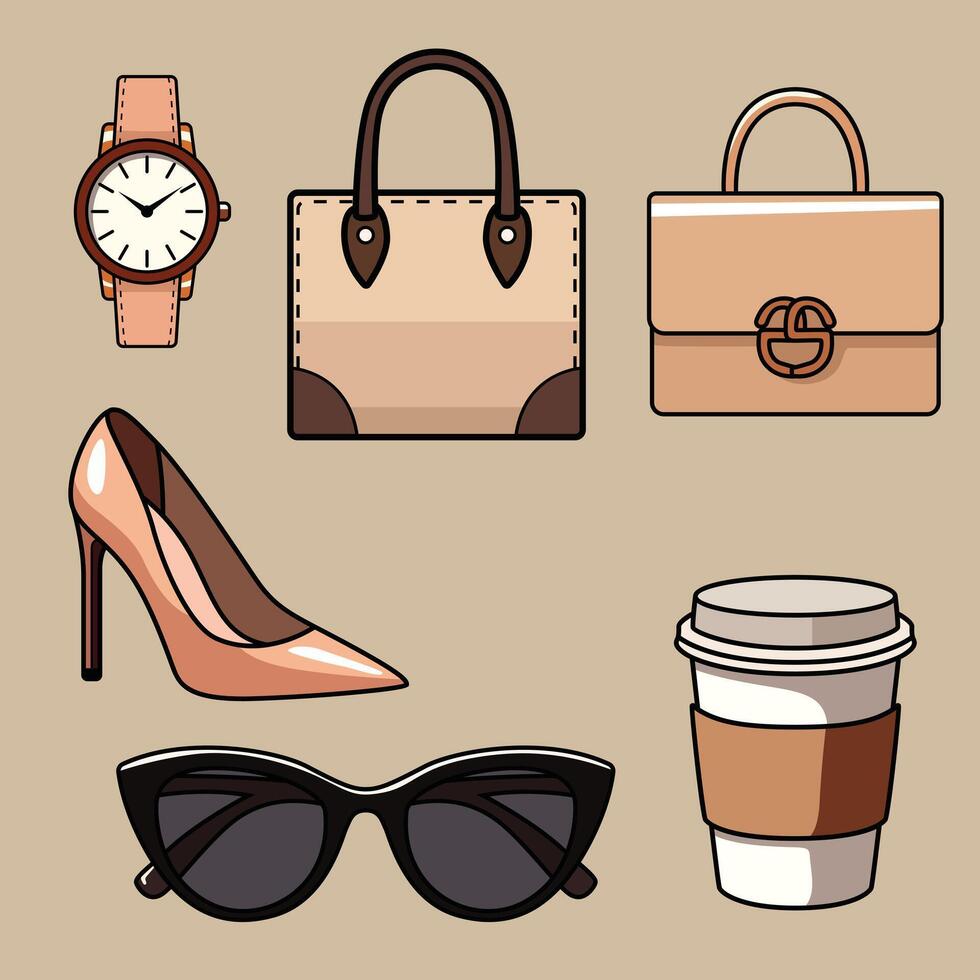 Chic Fashion and Lifestyle Clip Art Set A Stylish Collection of Accessories and Essentials for Branding, Digital Designs, and Creative Projects. vector