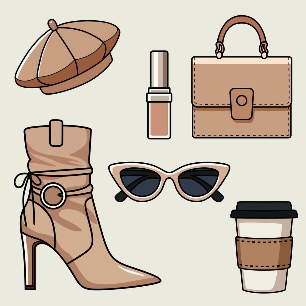 Trendy Fashion and Lifestyle Clip Art Set A Stylish Collection of Accessories and Essentials for Creative Projects and Branding. vector