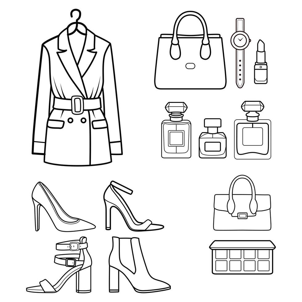 A stylish doodle set featuring various women's fashion items, perfect for design projects and trendy themes. vector